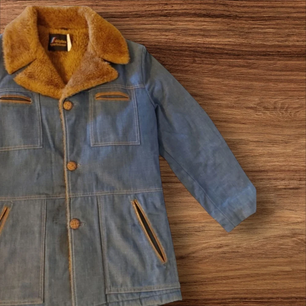 70's Vintage Denim Barn Coat by Shipton Sportswear Faux Fur Lined